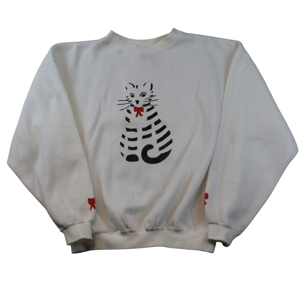 Speedo Women M Sweatshirt White Vintage Striped Cat Bow Graphic 80531